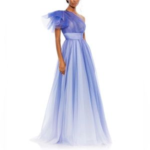 NWT Mac Duggal 20377 Royal Glitter Ombre Ruffled One Shoulder Ballgown - Sz 12